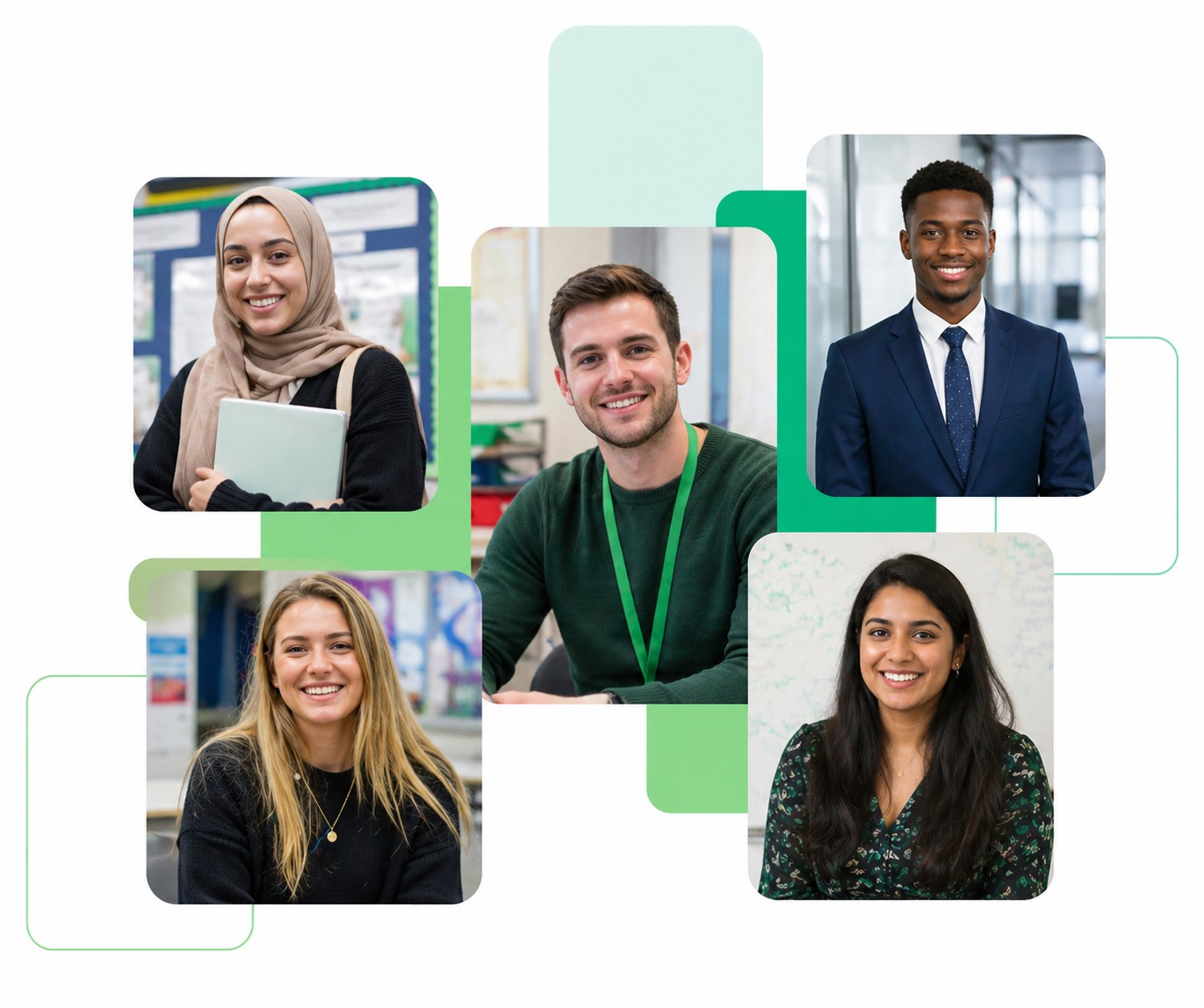 Diverse group of professional candidates including graduates and teaching assistants featured on the JobsinED Talent Hub